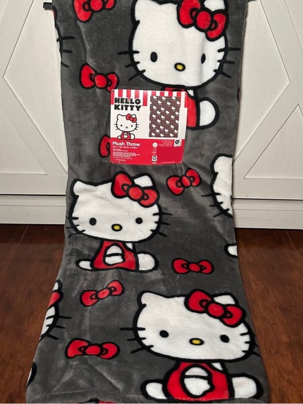 Hello Kitty Gray, White & Red Plush Throw Blanket